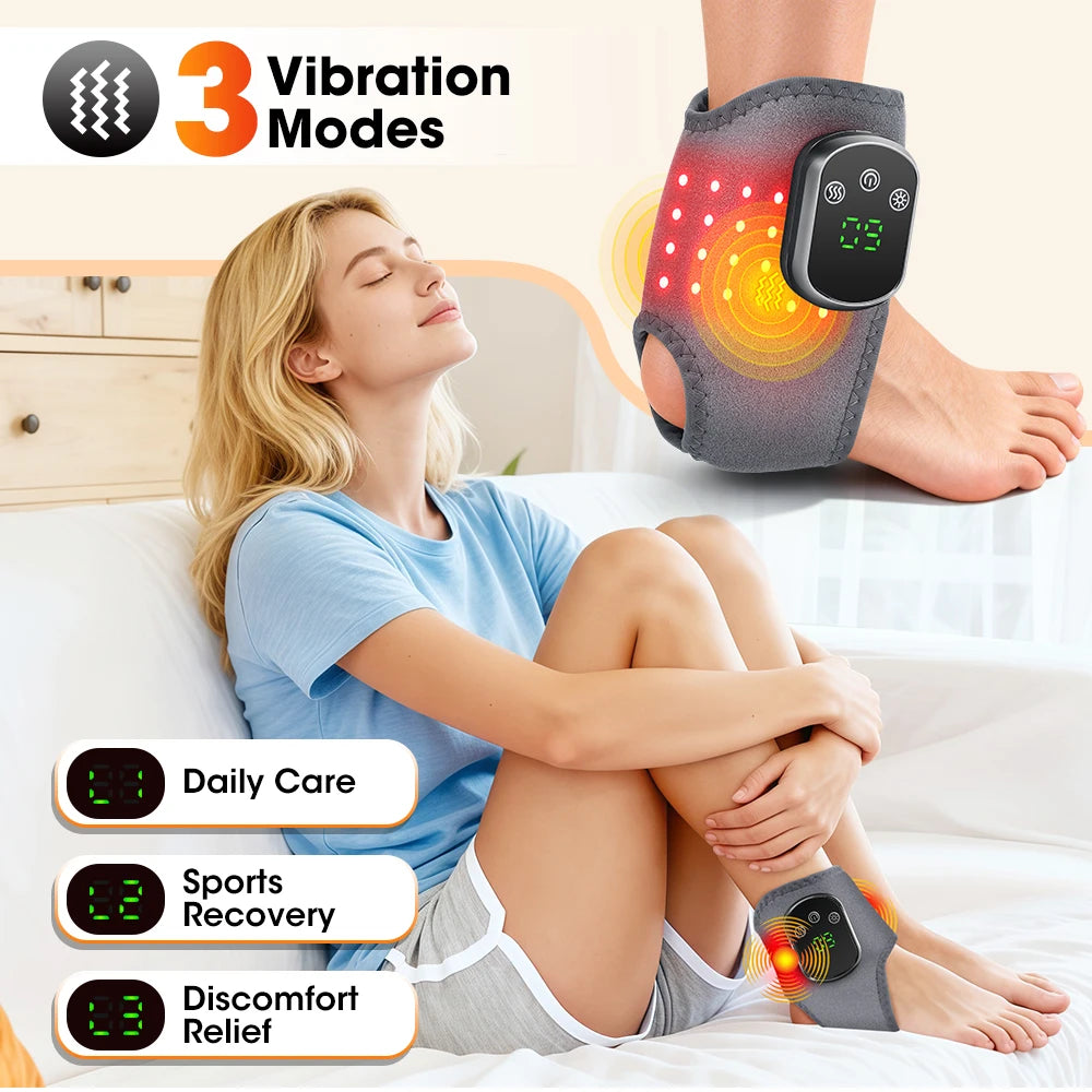 Electric heating ankle massager with LED lights, vibration, and brace for foot, ankle, wrist, and hand protection.