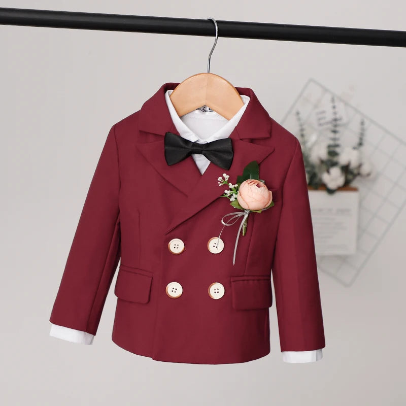 Children's burgundy formal suit set with jacket, pants, and vest for boys, suitable for birthdays and winter occasions.