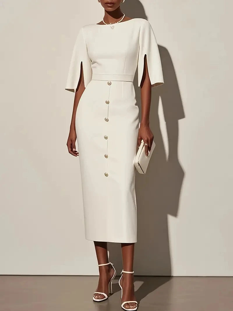 Showlu Women's slim fit mid-calf sheath dress with split sleeves, elegant and tailored for a stylish, modern look.