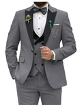 Showlu men's slim fit 3-piece suit with peak lapel, formal business tuxedo, styled for modern formal occasions.