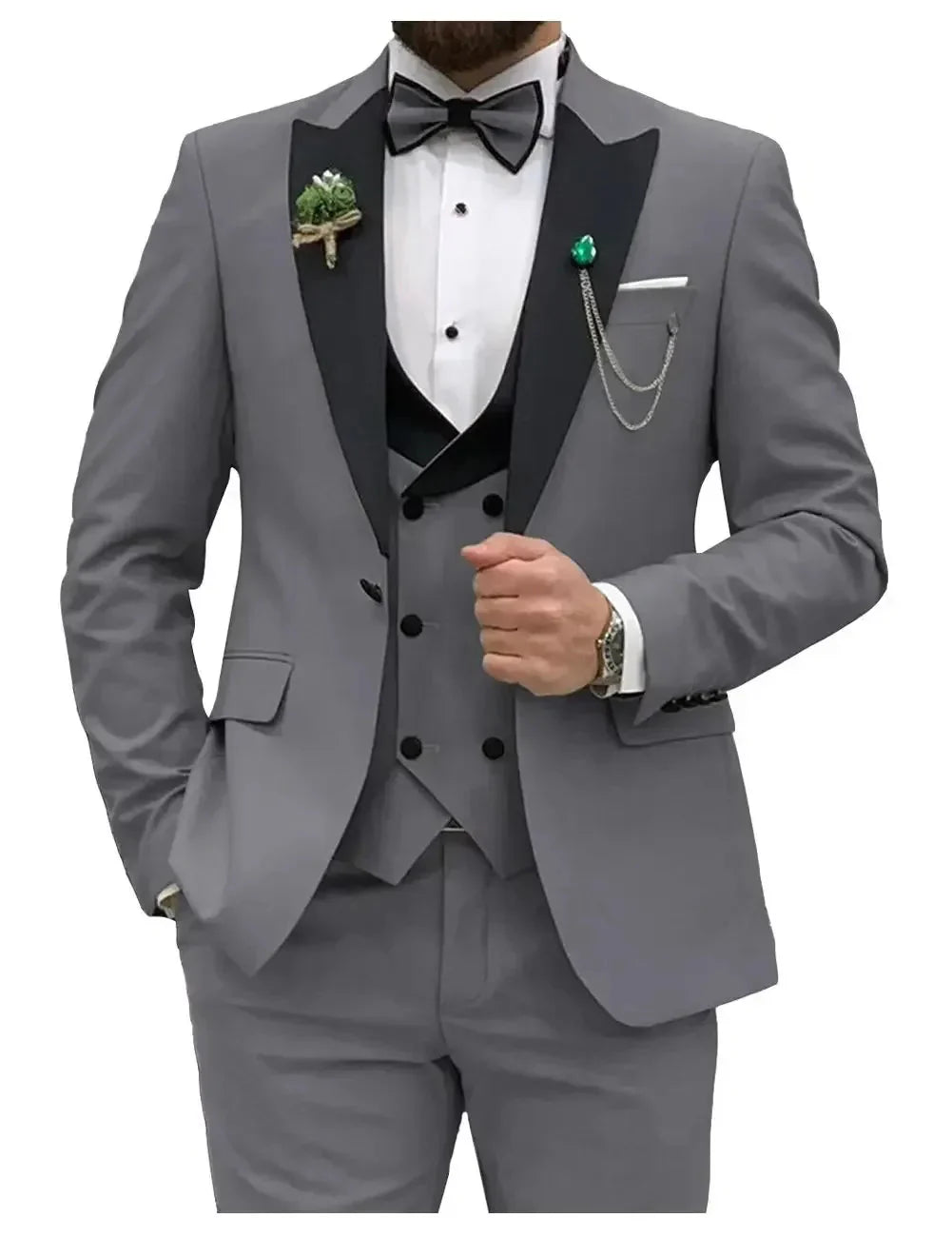Men's slim fit 3-piece suit with peak lapel, formal business tuxedo, shown in black, tailored from SHOWLU FASHION STORE.