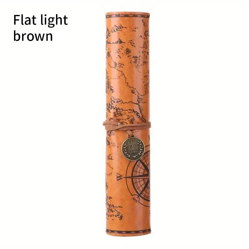 Large Showlu Retro Treasure Map leather roll pencil case with multiple compartments, perfect for stationery storage.