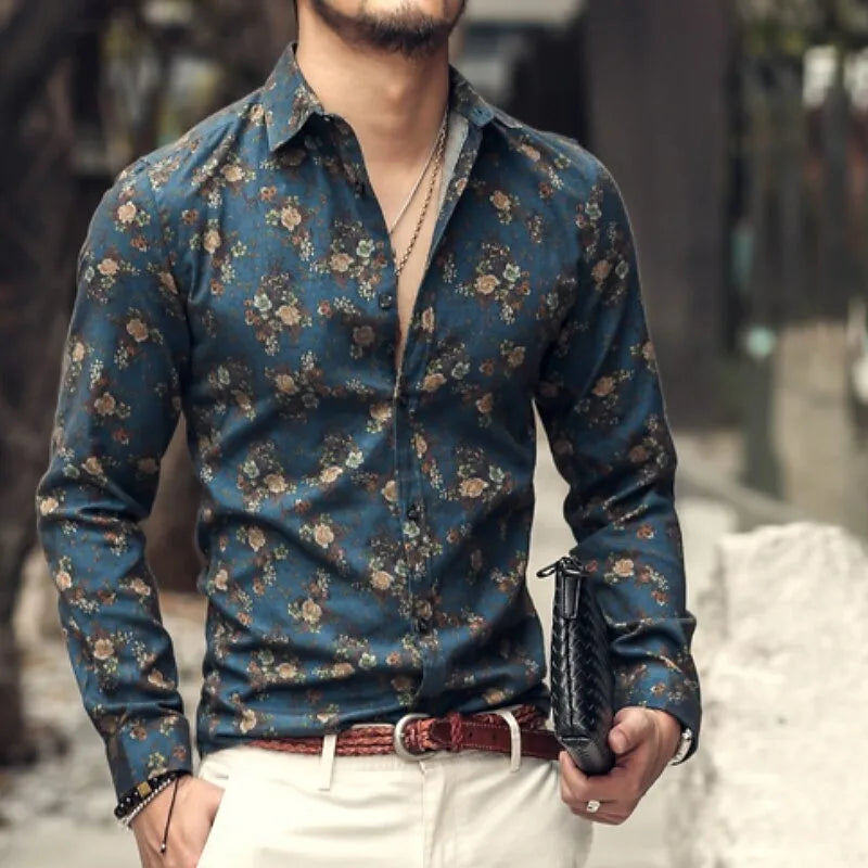 3D printed men's long sleeve Hawaiian shirt with floral pattern, comfortable flap top design from Showlu Fashion Store.