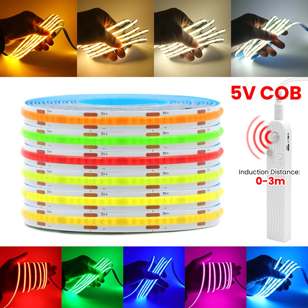 Showlu Smart Motion Sensor LED Strip Light 5V USB, illuminated strip with motion detection for ambient lighting.
