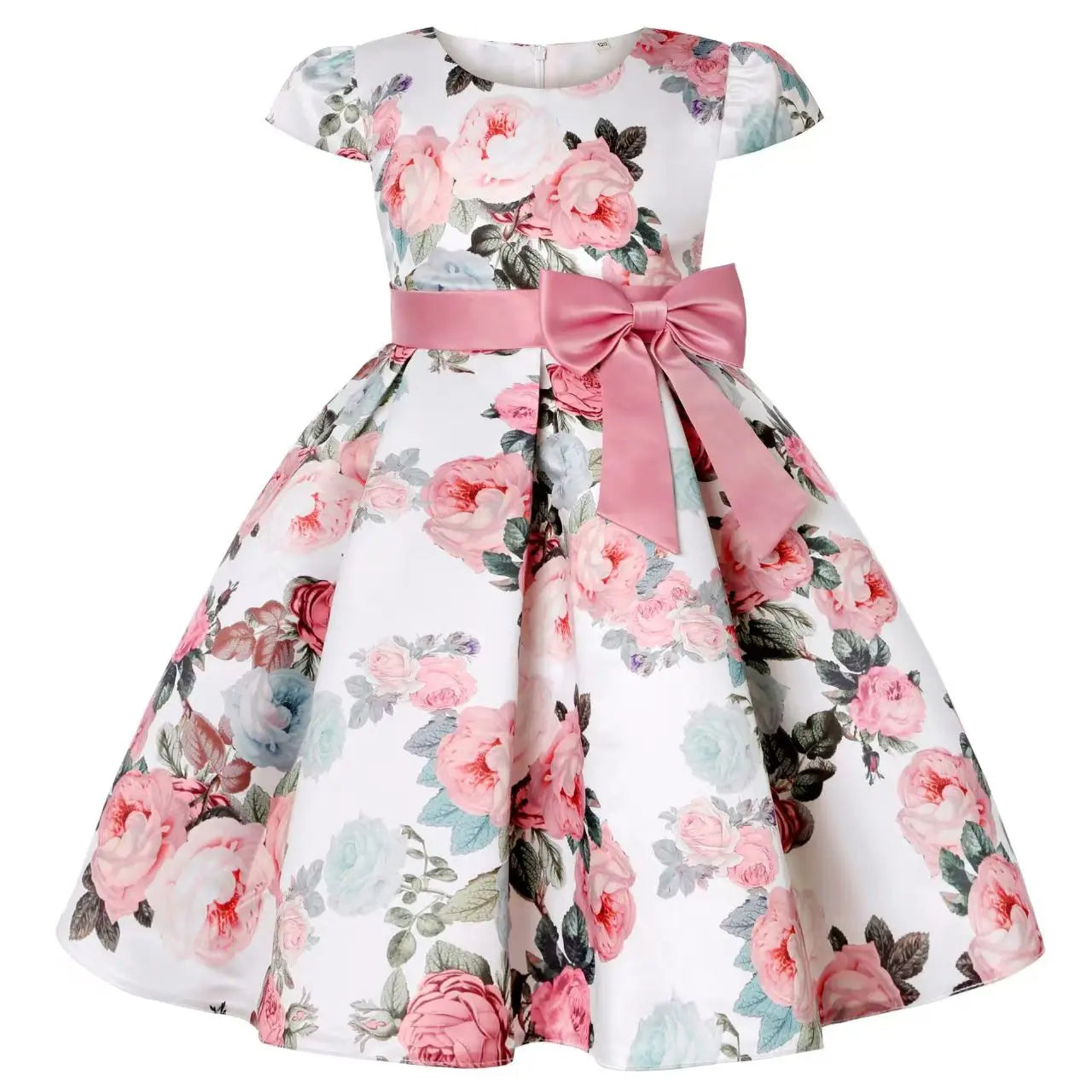 Girls' rose print dress by Showlu Fashion featuring a bow, perfect for holidays, parties, and performances.