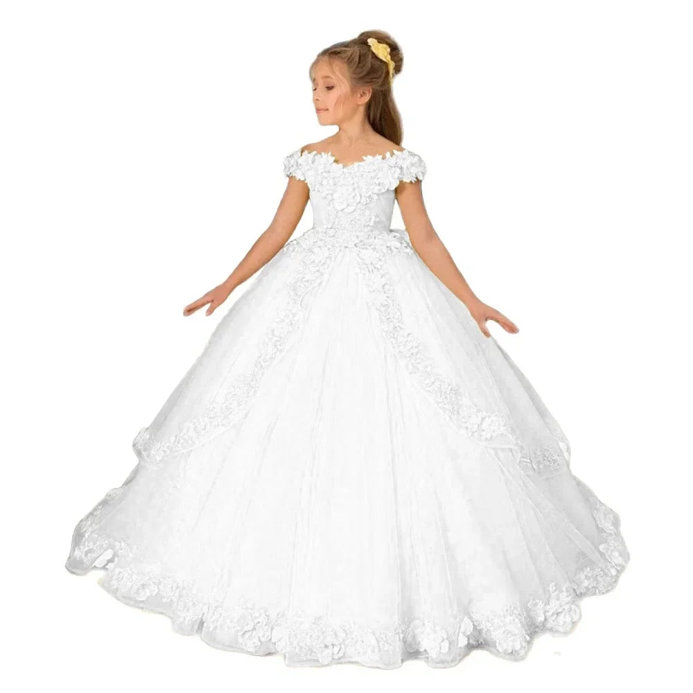 Yellow flower girl dress with beading and appliqué details, ideal for pageants, birthdays, and first communions for girls.