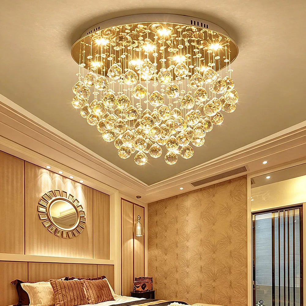 Luxury Water Drop Crystal Ceiling Lamp Modern Round Flush Mount LED Chandelier For Villa Closet Dining Room Home Lighting
