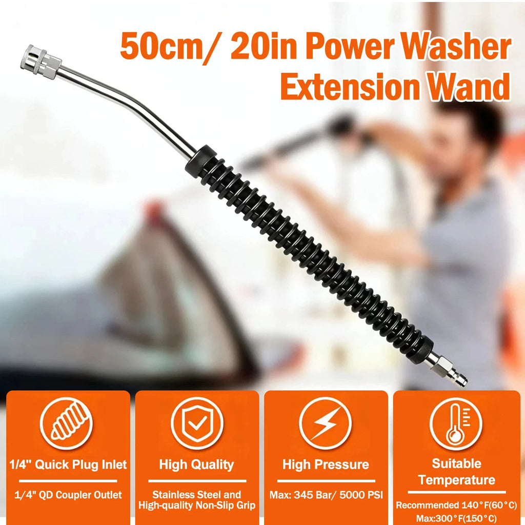 Stainless steel car pressure washer extension wand with non-slip grip and 1/4” quick connect for power washing vehicles.
