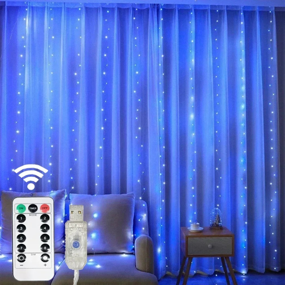 Showlu Smart General LED curtain fairy lights hanging with warm white glow, ideal for home decor and festive decoration.