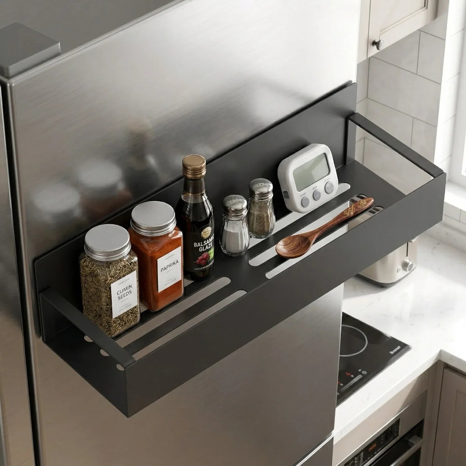 Showlu Smart General magnetic fridge spice rack holding spice jars on a refrigerator door, organized and space-saving kitchen storage.