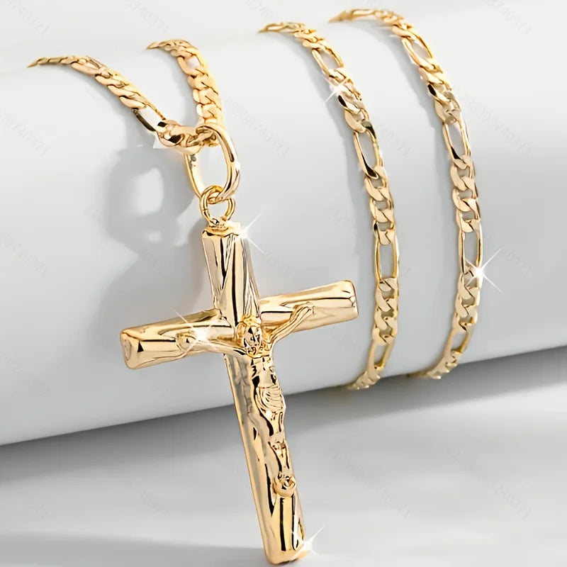 Showlu 14K gold plated cross pendant necklace featuring a hip-hop sacred jewelry design, displayed on a chain.