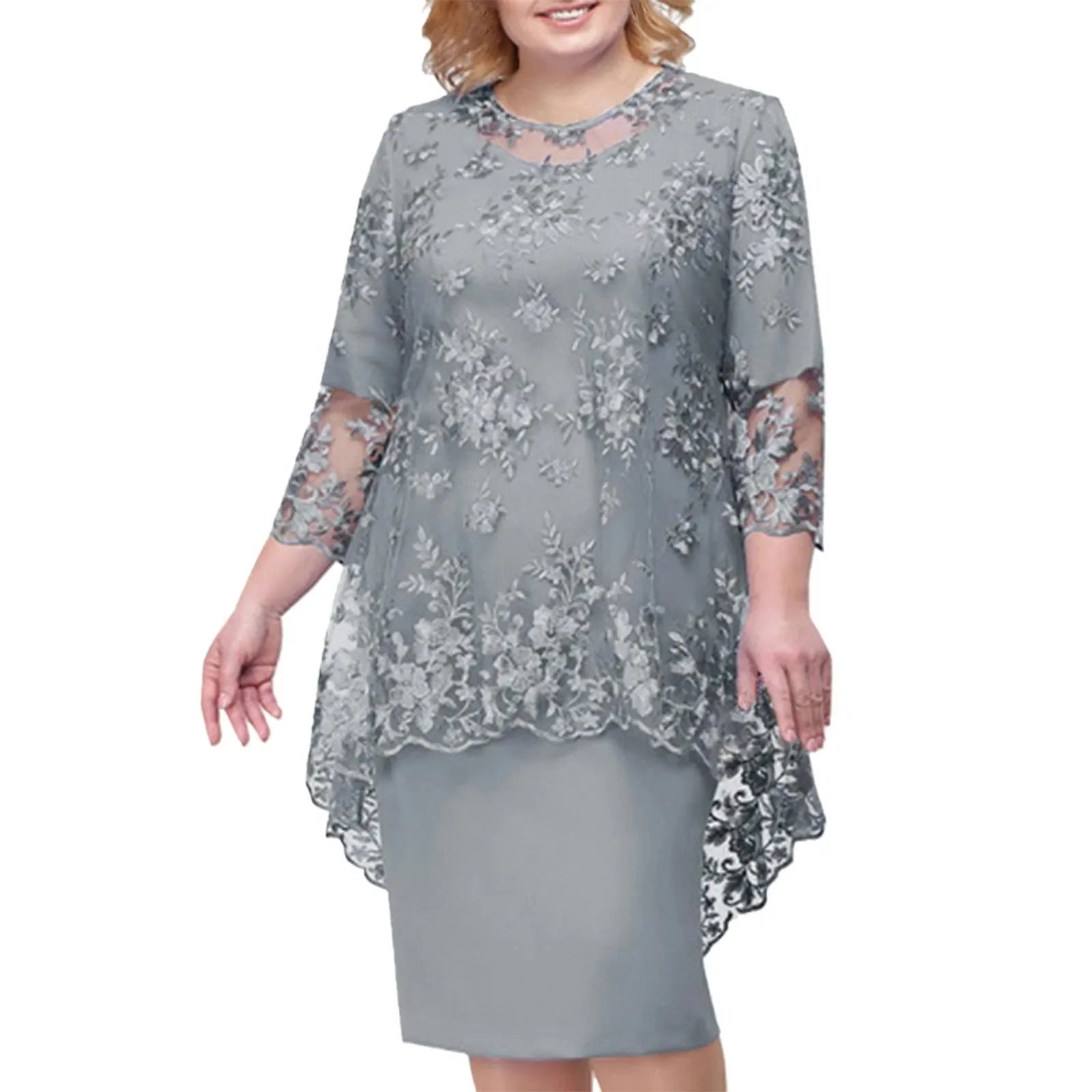 Elegant knee-length women's evening dress with lace embroidery and A-line silhouette, showing intricate lace details and a fitted waist.