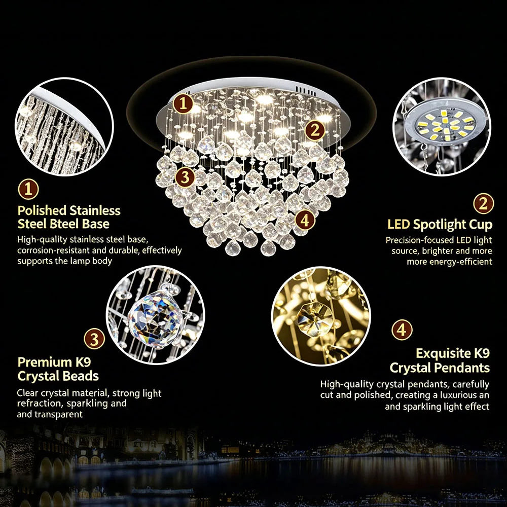 Luxury Water Drop Crystal Ceiling Lamp Modern Round Flush Mount LED Chandelier For Villa Closet Dining Room Home Lighting