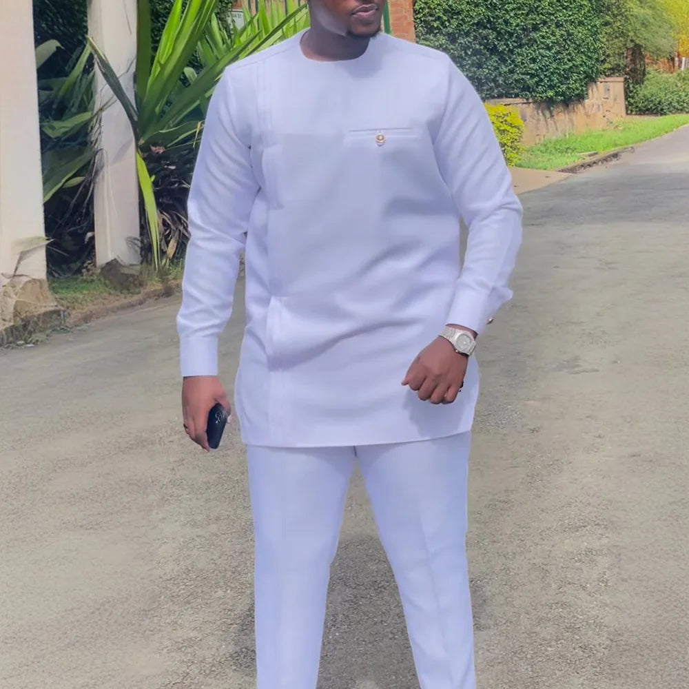 New In African Summer Business Men's Short Sleeve Suit Embroidery Dashiki Shirt Pants Sets 2 Pieces Outfits Wedding Party 2025