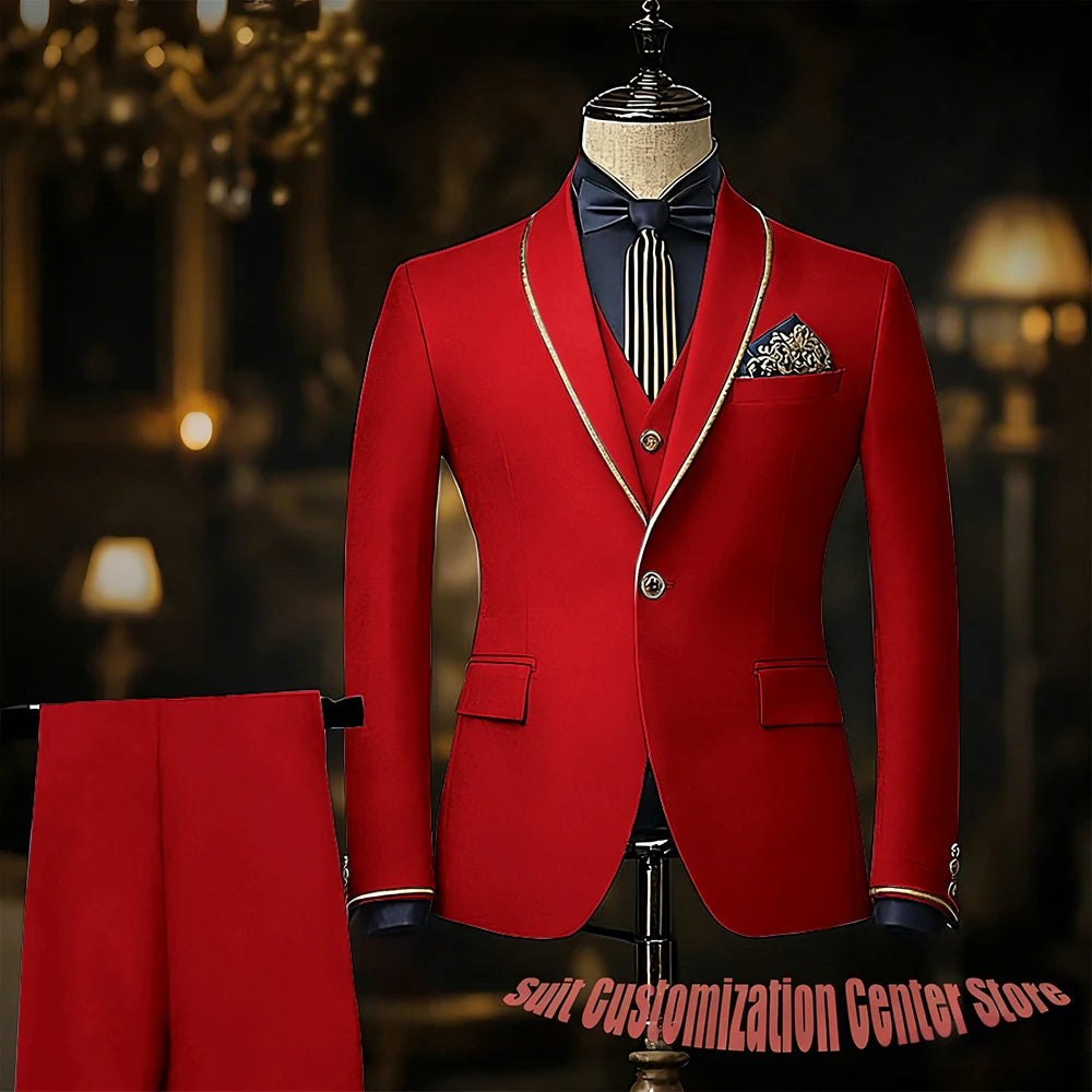 Navy blue men's wedding tuxedo suit with jacket, vest, and pants, slim fit, single-breasted, shawl lapel, perfect for formal occasions