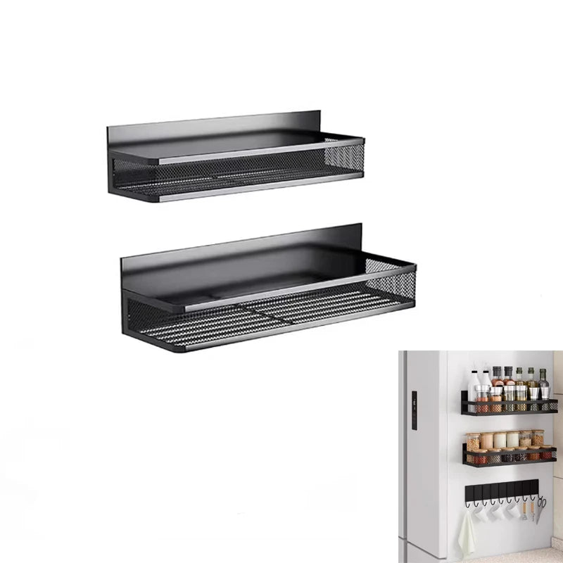 Magnetic fridge organizer shelf by Showlu Smart General holding kitchen essentials on a refrigerator door.