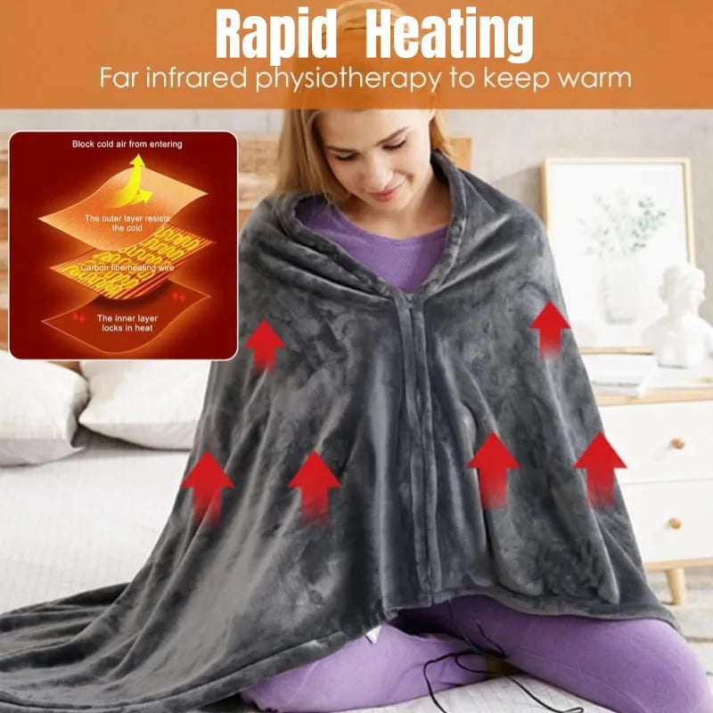Showlu Smart General USB heated blanket shawl with 3-level electric warming, soft fabric, and adjustable heat settings.