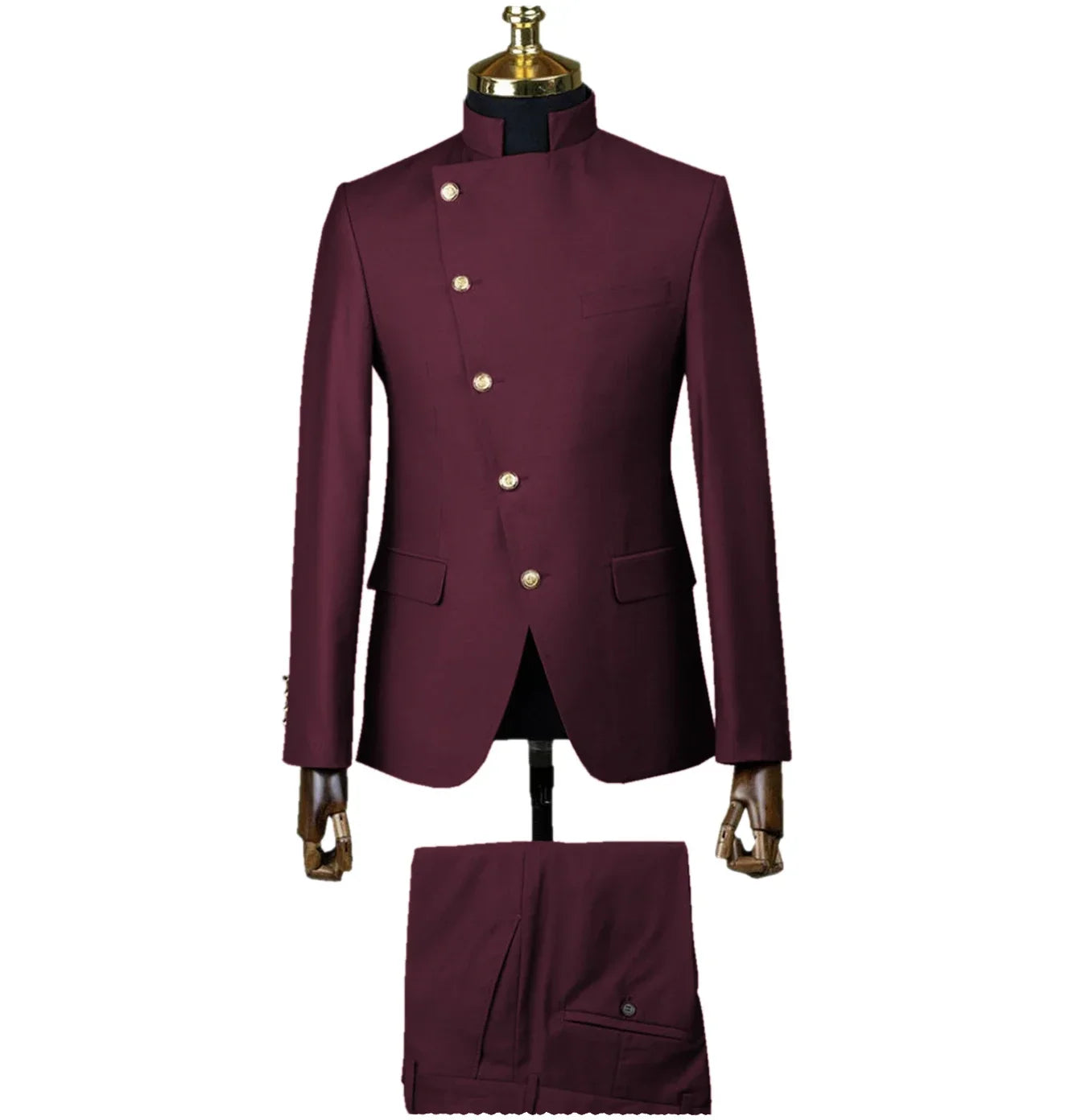 Slim fit men's wedding tuxedo by SHOWLU FASHION STORE, includes stand collar cotton suit jacket and matching trousers.