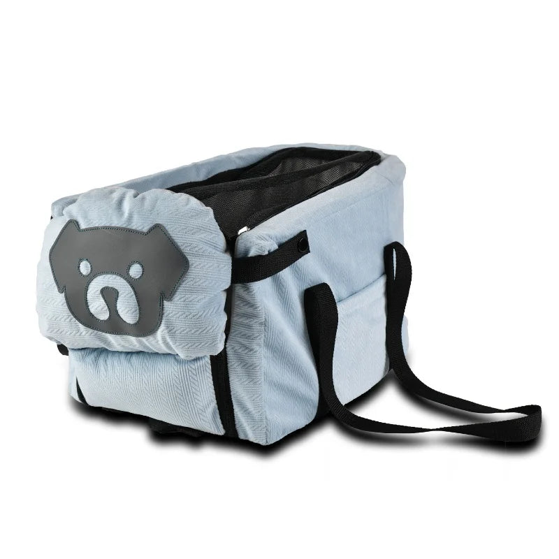Foldable dog and cat car seat cover with pet harness, hammock, and basket design, providing safe travel for pets.