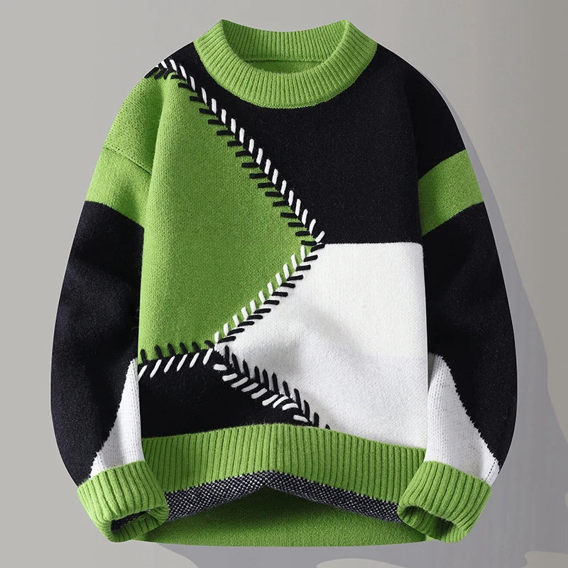 Youthful vitality men's patchwork O-neck knitted sweater featuring a casual, loose fit, warm winter fashion knit pullover.