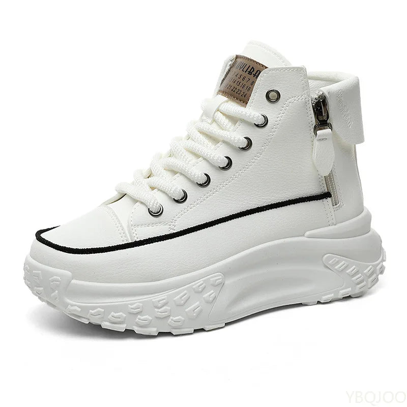 Showlu Fashion Store high top women's shoes with thick soles, round toes, stylish design, perfect for autumn and height enhancement.