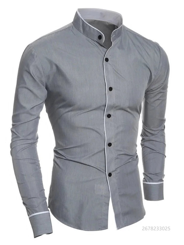 Men's slim fit white long sleeve dress shirt from Showlu Fashion Store, soft fabric, business casual style, available in multiple sizes