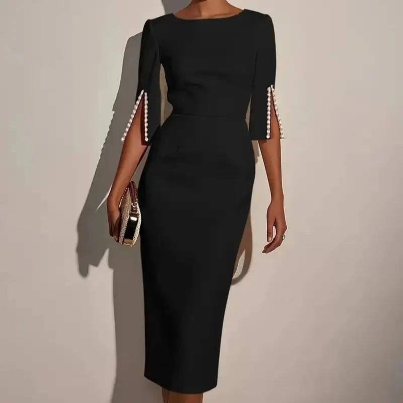 Beaded round neck slim fit midi sheath dress for women, stylish office dress in a flattering silhouette with intricate beaded details.
