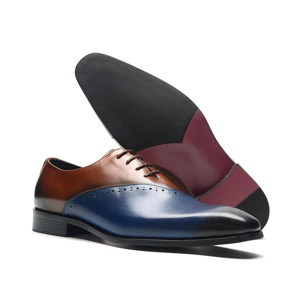 Men's brown genuine leather wedding dress shoes with pointed toes, lace-up style, suitable for formal events and parties.