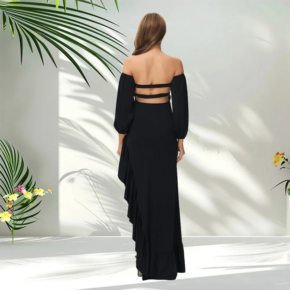 Showlu off-shoulder ruffled maternity dress for photoshoots and baby showers, featuring a flowy design and elegant style.