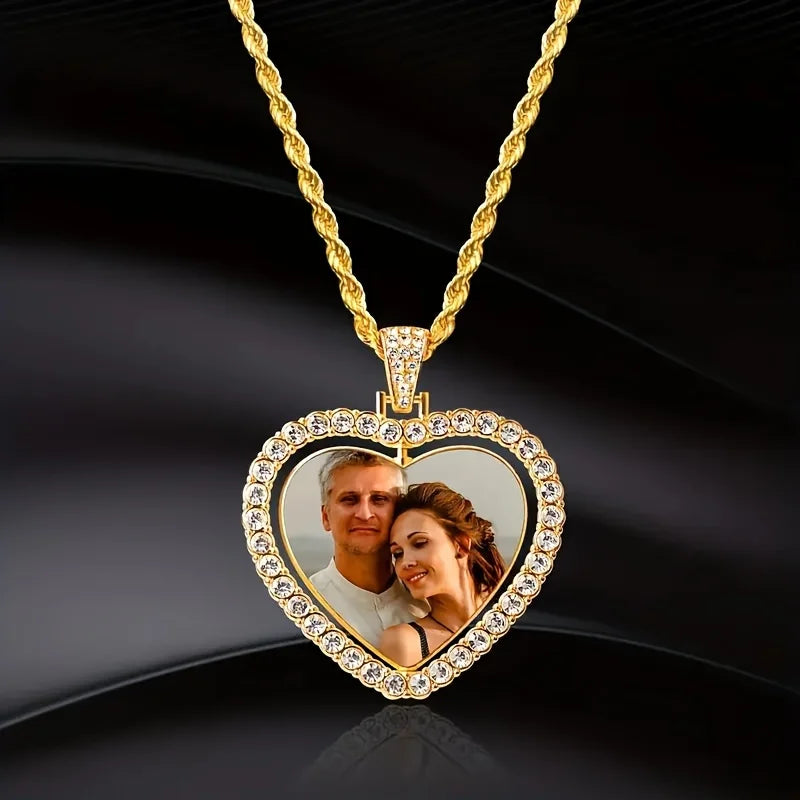 Customized two-photo luxury necklace by Showlu Fashion Store featuring dual photo pendants for men and women, ideal as a gift.