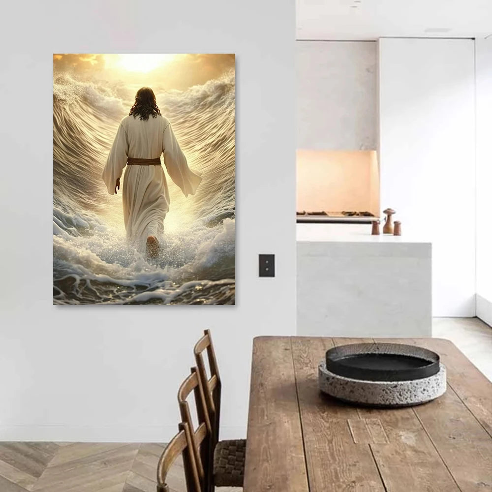 Jesus walking on water canvas wall art, modern religious print by Showlu Fashion Store, featuring a serene biblical scene.