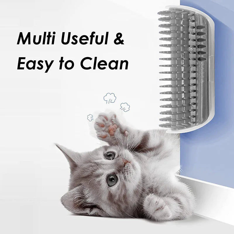 Cat self-groomer with catnip, wall-mounted corner massage brush for cats, includes soft comb and face-rubbing tickling tool.