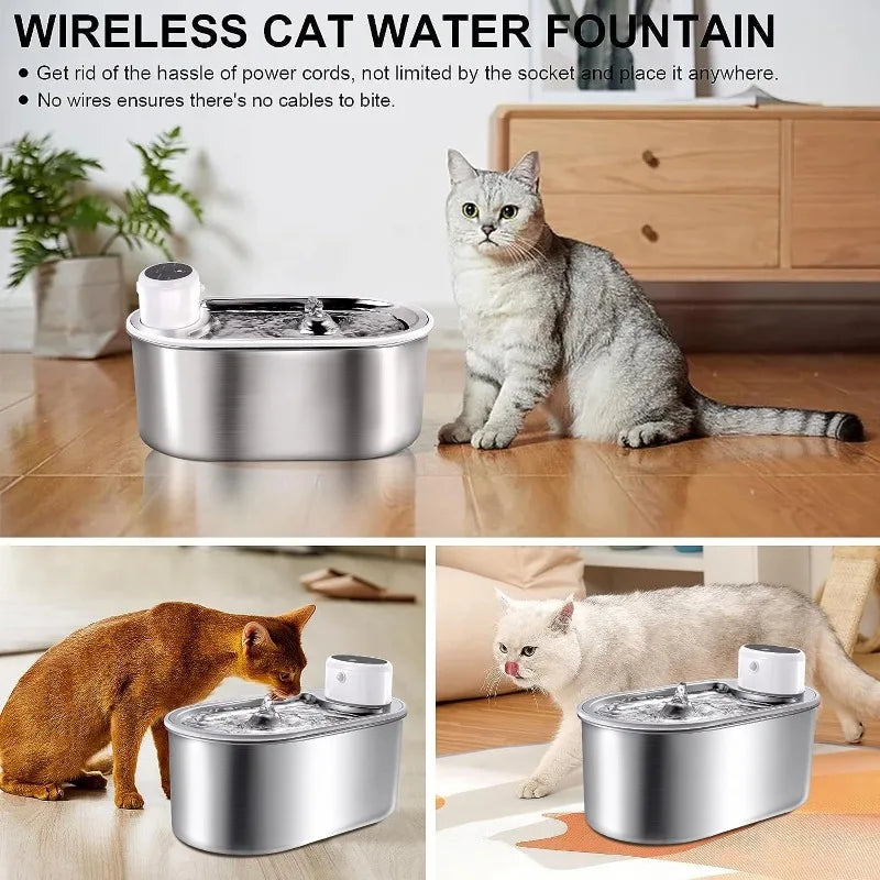 Stainless steel VOFORD 3.0L wireless cat water fountain with motion sensor, showing water flow and sleek design.