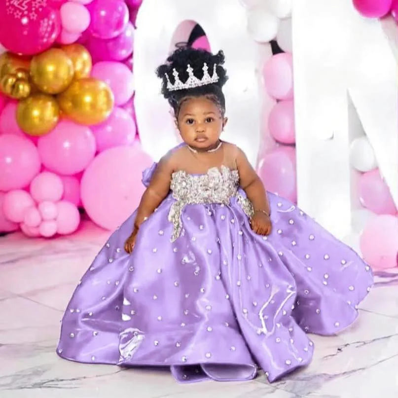 Fuchsia Beading Girl's Birthday Party Dresses Customized Ball Gown Puffy Flower Girl Dress Princess Baby Kids Pageant Gowns