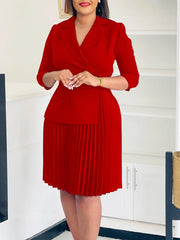 2025 autumn new fashion light mature temperament high quality suit collar A-line skirt solid color pleated dress