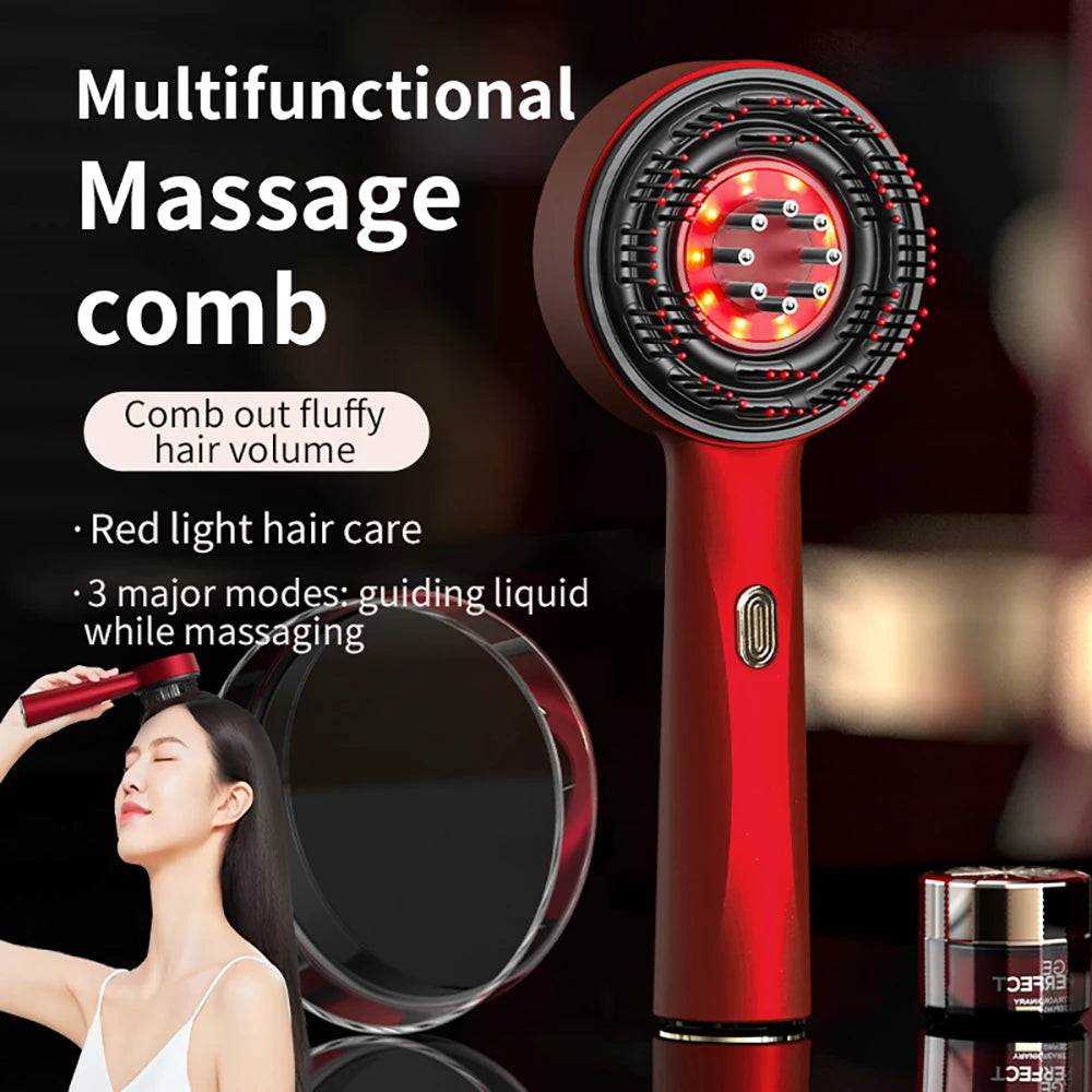 Showlu Smart General red light scalp massager comb with hair growth oil, featuring ergonomic design and treatment head in use.