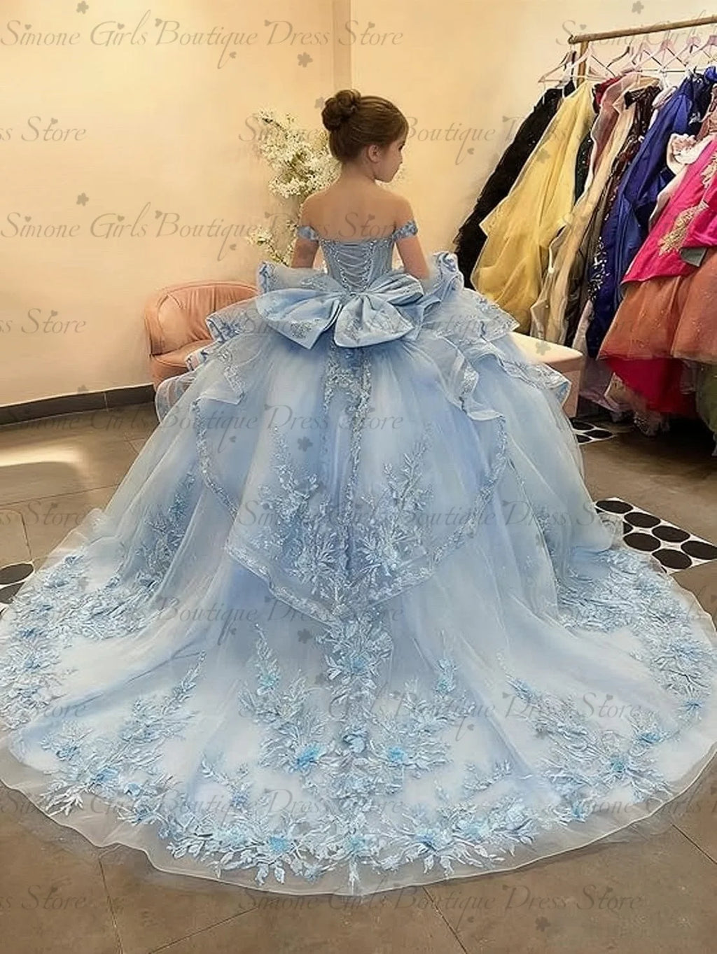 Princess Off Shoulder Flower Girl Dress for Wedding Kids Lace Appliqued Tulle Pageant Dress Customized Birthday Party Ball Gown