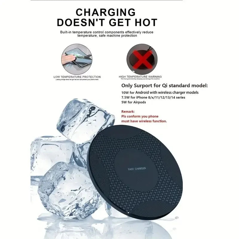Wireless charging pad by Showlu Smart General with sleek design, shown on a desk with a smartphone placed on top.