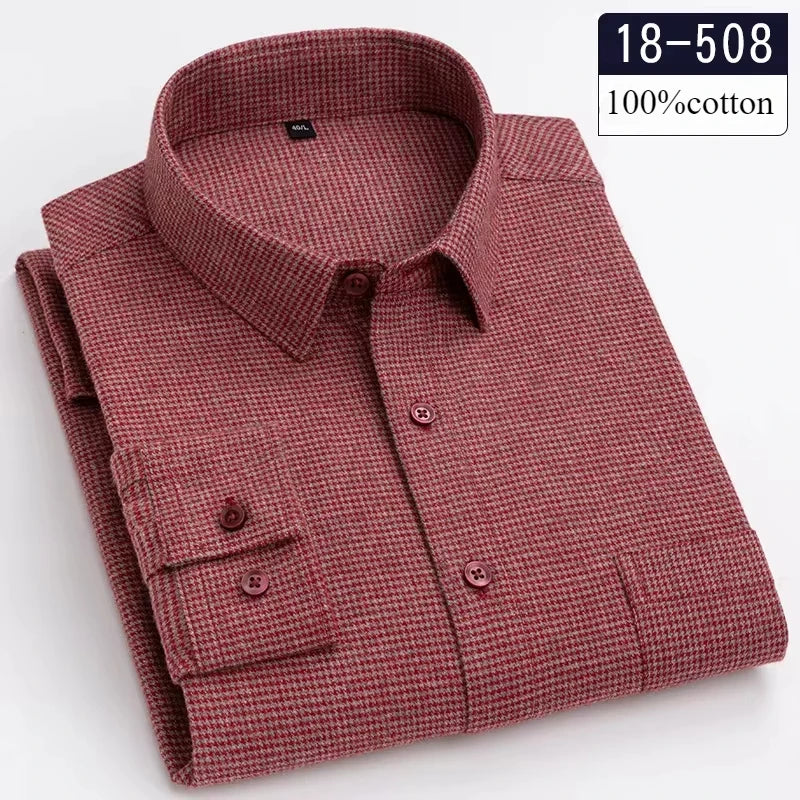 Showlu Fashion men's slim fit long-sleeve brushed cotton plaid shirt with soft casual striped design