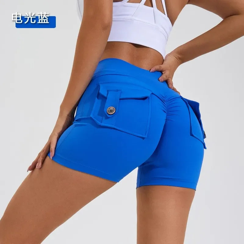 SANWOOD women's high waist peach yoga shorts with pockets, designed for comfortable fit and flattering butt lifting during workouts.