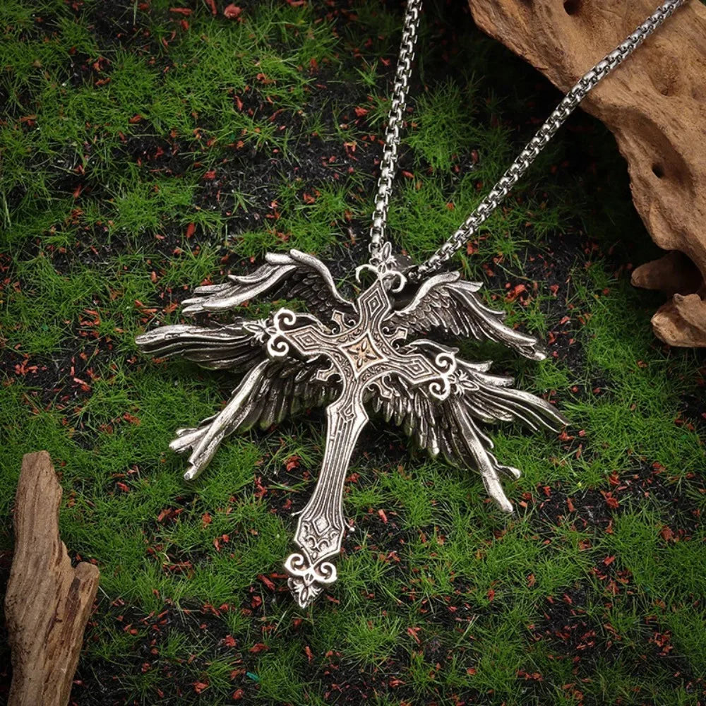 Retro Gothic Jesus Wings Cross Pendant Necklace made of zinc alloy, featuring detailed wings and a cross design.