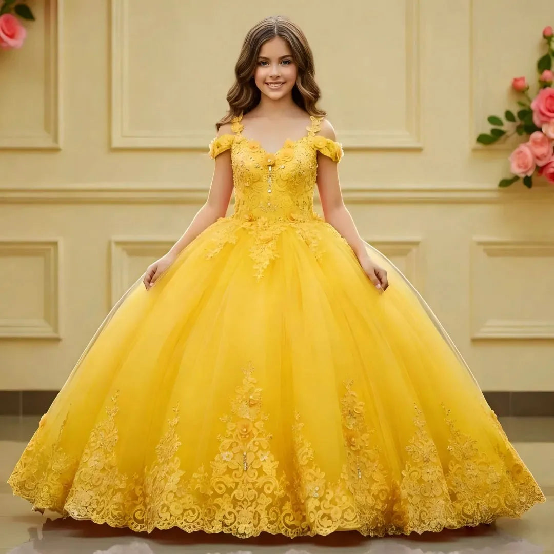 Customized Wedding Birthday Prom Party Red Flower Girl Dress Tulle Floral Appliques With Bow For Evening Banquet Princess Gown
