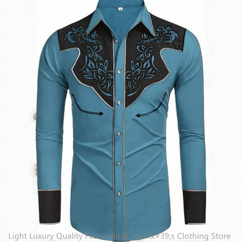 Men's long-sleeved retro Western denim shirt by Showlu Fashion, featuring loose fit, soft fabric, and colorful design.