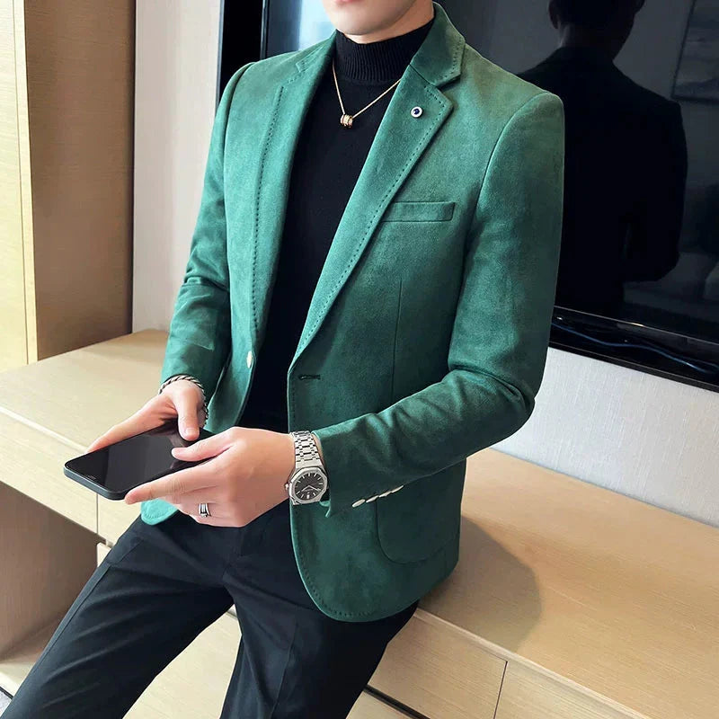Men's slim fit deerskin velvet blazer by SHOWLU FASHION STORE, luxury smart casual coat with tailored fit and soft velvet texture.