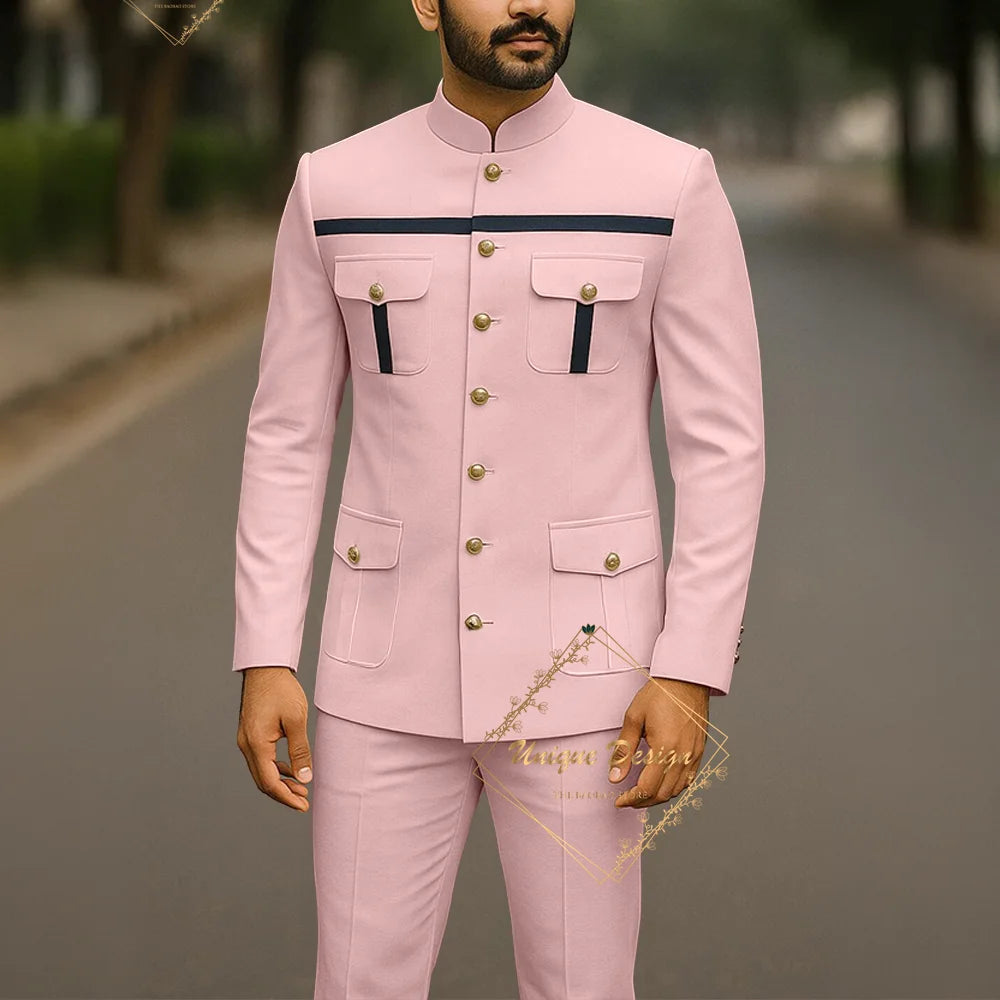 Ivory formal safari suit for men, custom-made Indian groom's 2-piece set with slim fit jacket and pants for wedding or party.