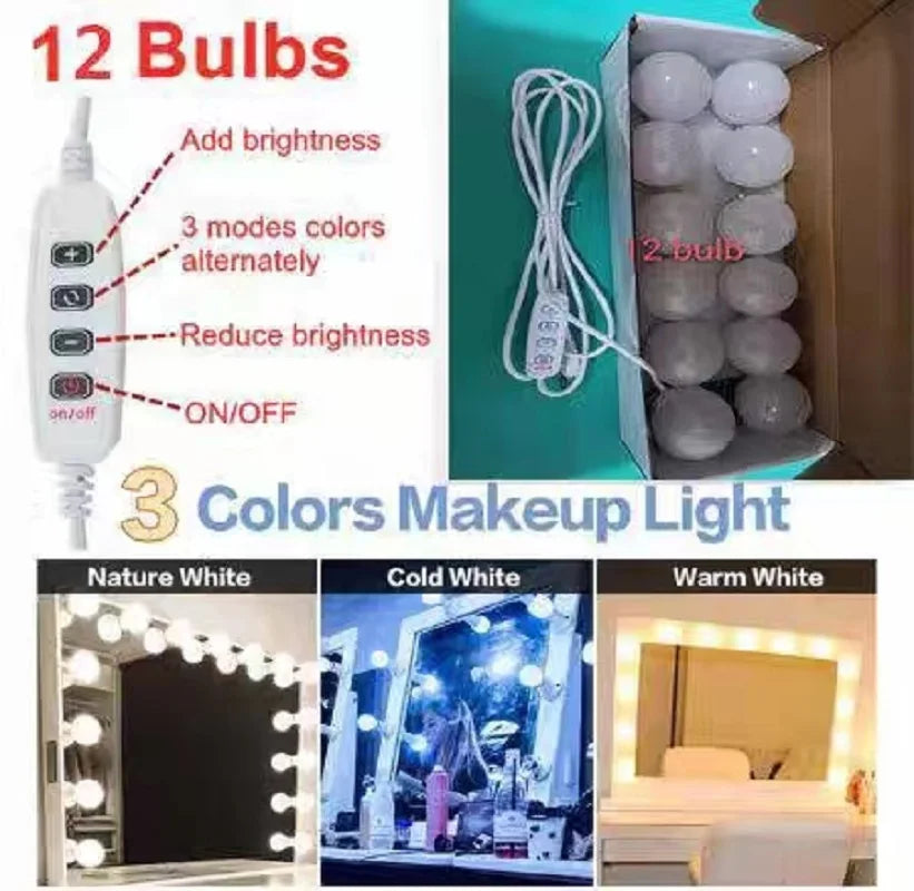 Dimmable USB LED vanity mirror lights by Pampsee, showing illuminated bulbs arranged around a mirror for makeup application.