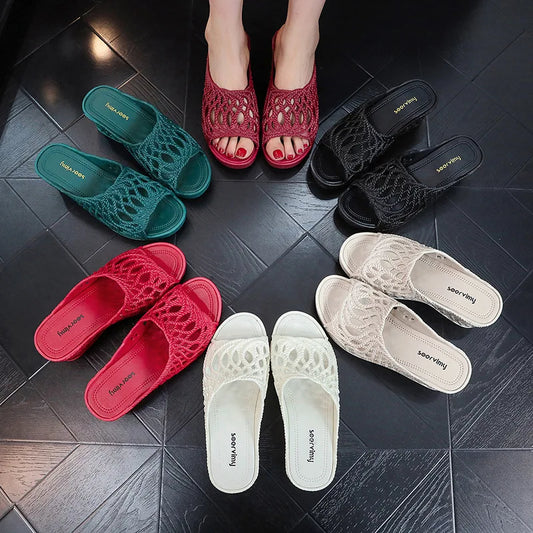 Women's Wedges Hollow Out Peep Toe Slippers Summer New Thick Sole Non Slip Home Slipper Outdoor Beach Slipper sandalias de mujer