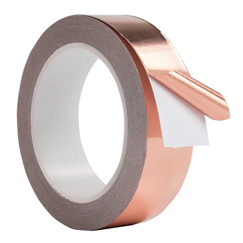 Copper tape snail-shaped adhesive foil for EMI shielding, electrical repair, stained glass, and paper circuits, shown in the image.