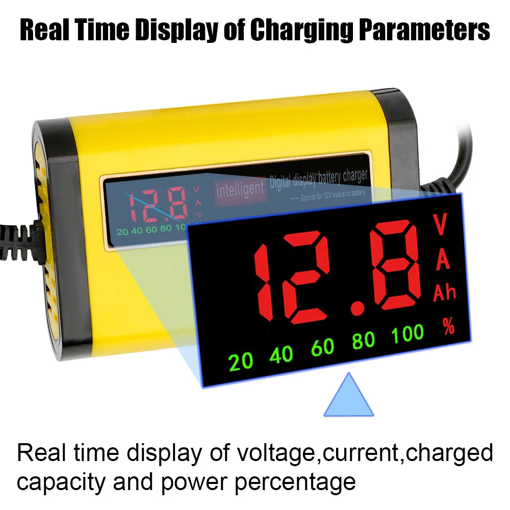Showlu 3-Stage automatic car battery charger with digital LCD display, compact design, and easy-to-use controls.