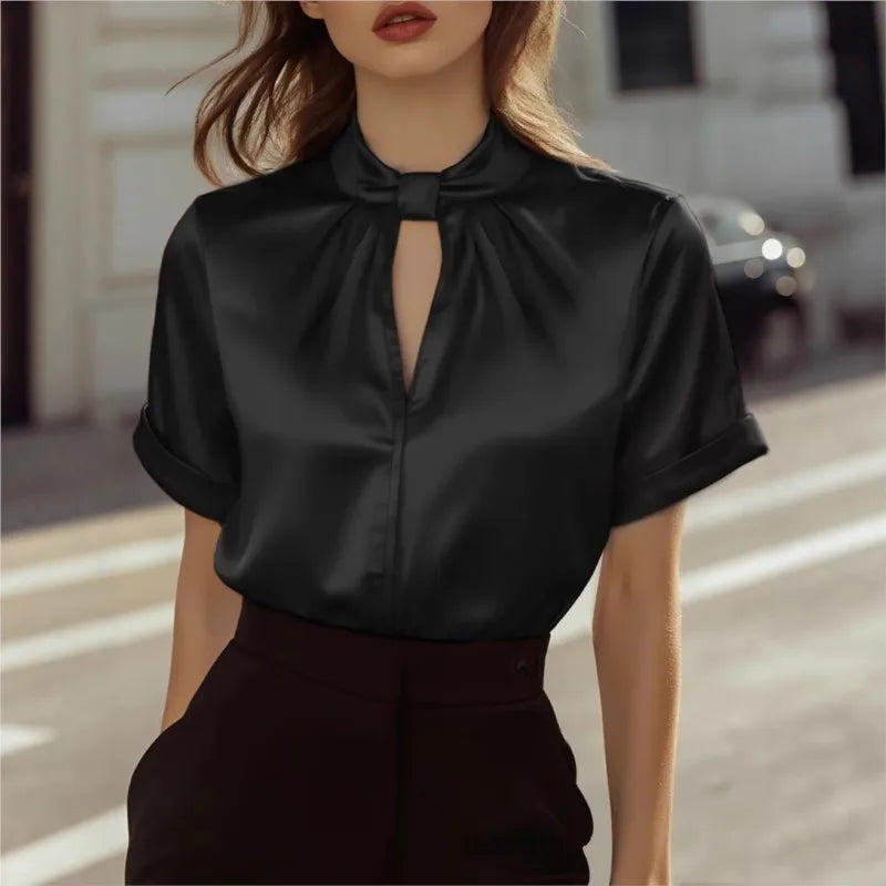 Owner Girl Women's satin boho blouse in khaki with short sleeves and stand collar, stylish and lightweight for casual wear.